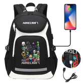 Minecraft USB Charging Backpack School NoteBook Laptop Travel Bags